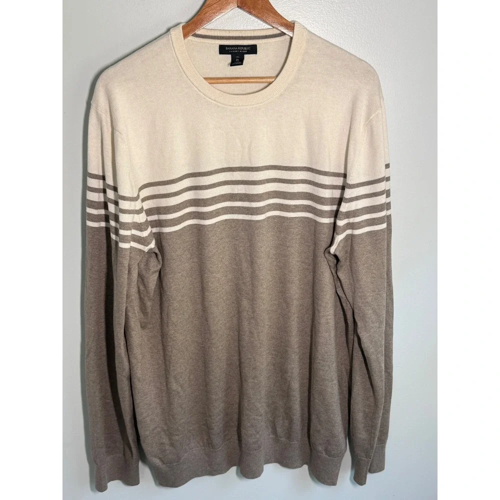 Banana Republic Luxury Blend Silk Cashmere Sweater Mens XL Tall Striped Taupe